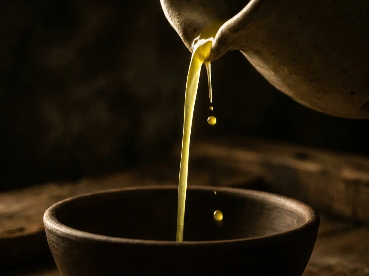 The first oil pouring in a thin, cloudy, bright-green ribbon into a dark bowl.