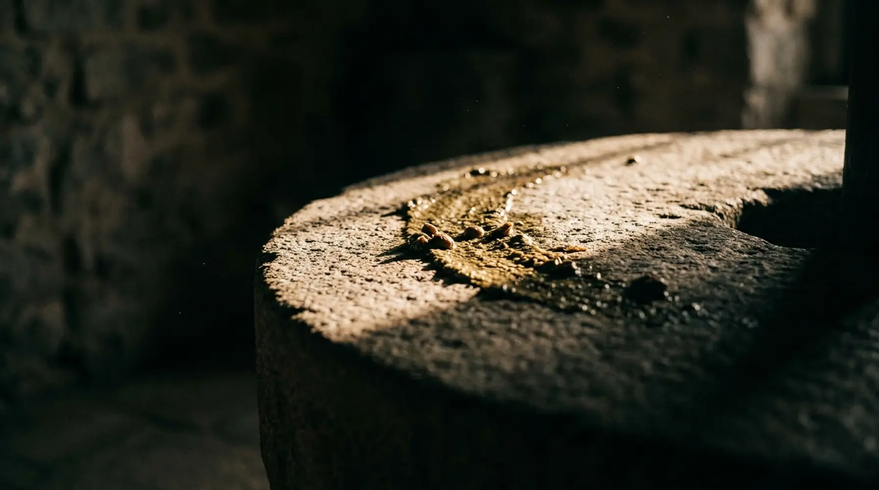 Crushed olive paste catching light on a worn granite millstone.